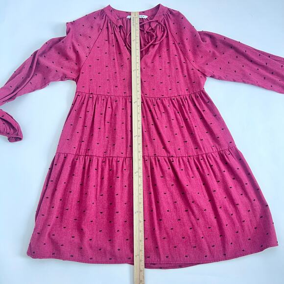ZARA WOMENS MAROON BLACK SWISS DOT TIERED BALLOON SLEEVE MINI BOHO FLOWY DRESS M - Picture 9 of 11